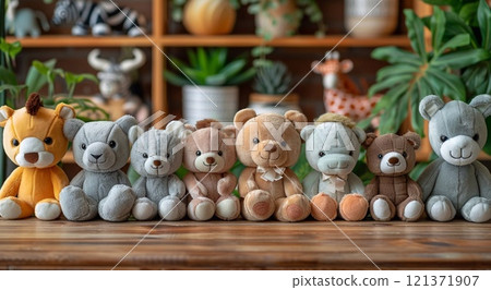 Kids room with various fluffy soft toys as zoo animals sitting together.Macro.AI Generative. 121371907