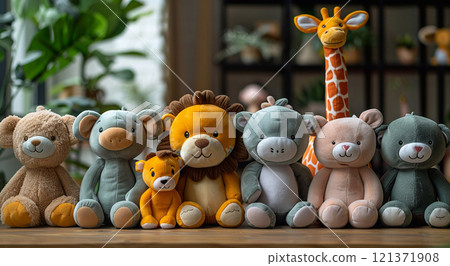 Kids room with various fluffy soft toys as zoo animals sitting together.Macro.AI Generative. 121371908