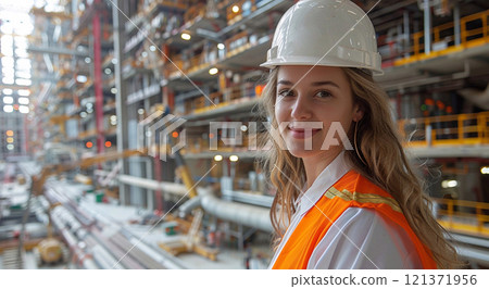 Woman construction worker or engineer visiting large construction site for inspection.AI Generative. 121371956