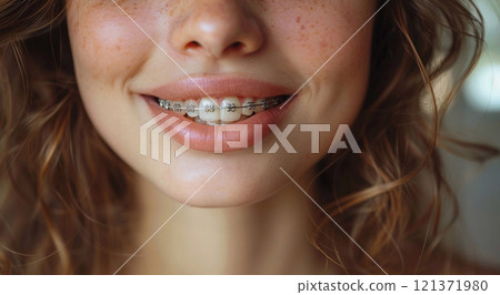 Mouth teeth with braces and cute smile of beautiful woman.Marco.AI Generative. 121371980