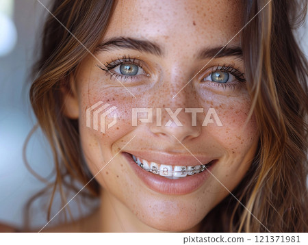 Mouth teeth with braces and cute smile of beautiful woman.Marco.AI Generative. 121371981
