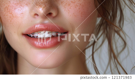 Mouth teeth with braces and cute smile of beautiful woman.Marco.AI Generative. 121371983