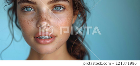 Happy young woman with braces and beautiful smile on blue background.Marco.AI Generative. 121371986