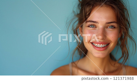 Happy young woman with braces and beautiful smile on blue background.Marco.AI Generative. 121371988