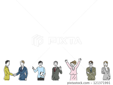 A row of smiling business people, hand-drawn line drawing A row of smiling business people, hand-drawn line drawing 121371991