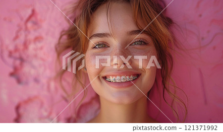 Happy young woman with smile showing teeth with braces after dental treatment.Marco.AI Generative. 121371992