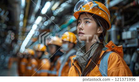 Asian young woman construction worker or engineer visiting large construction.Marco.AI Generative. 121371996