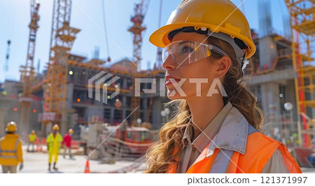 Woman construction worker or engineer visiting large construction site for inspection.AI Generative. 121371997