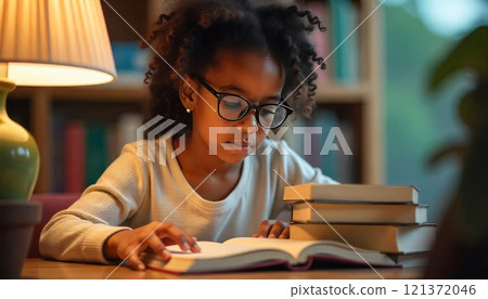 A young Asian girl , around 12 years old , with long dark hair , sitting at a table surrounded by books and papers , with a neon sign in the background A young Asian girl , around 12 years old , with long dark hair , sitting at a table surrounded by books and papers , with a neon sign in the background 121372046