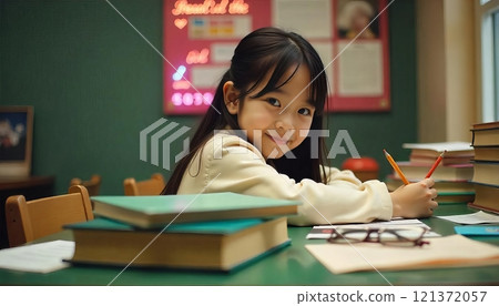 A young Asian girl , around 12 years old , with long dark hair , sitting at a table surrounded by books and papers , with a neon sign in the background A young Asian girl , around 12 years old , with long dark hair , sitting at a table surrounded by books and papers , with a neon sign in the background 121372057