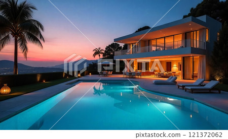 Modern House With Pool in Front, stylish shot, high end real estate 121372062