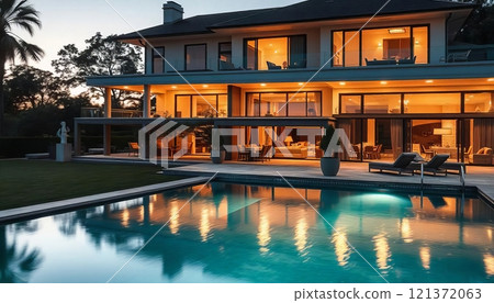 Modern House With Pool in Front, stylish shot, high end real estate Modern House With Pool in Front, stylish shot, high end real estate 121372063