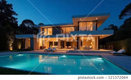 Modern House With Pool in Front, stylish shot, high end real estate Modern House With Pool in Front, stylish shot, high end real estate 121372064