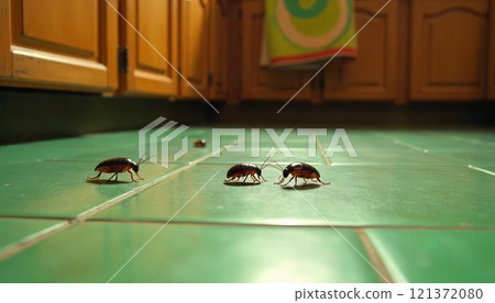 Close-up of cockroaches crawling on a tiled kitchen floor with wooden cabinets in the background 121372080