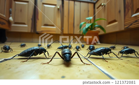 Close-up of cockroaches crawling on a tiled kitchen floor with wooden cabinets in the background Close-up of cockroaches crawling on a tiled kitchen floor with wooden cabinets in the background 121372081