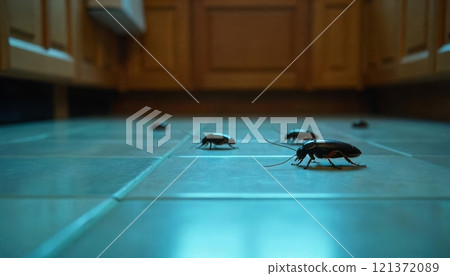 Close-up of cockroaches crawling on a tiled kitchen floor with wooden cabinets in the background 121372089