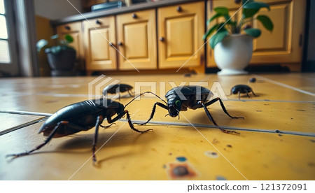 Close-up of cockroaches crawling on a tiled kitchen floor with wooden cabinets in the background 121372091