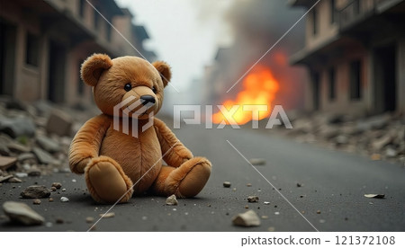 Old teddy bear laydown in The Middle of War Zone Deserted Demolished City Buildings Burning in the Background Old teddy bear laydown in The Middle of War Zone Deserted Demolished City Buildings Burning in the Background 121372108