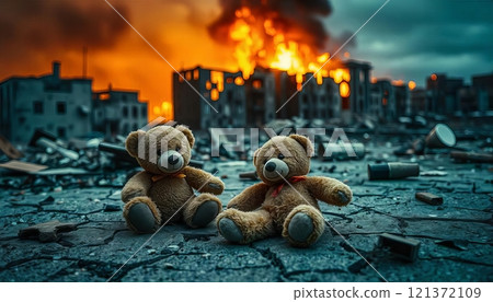 Old teddy bear laydown in The Middle of War Zone Deserted Demolished City Buildings Burning in the Background Old teddy bear laydown in The Middle of War Zone Deserted Demolished City Buildings Burning in the Background 121372109