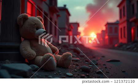 Old teddy bear laydown in The Middle of War Zone Deserted Demolished City Buildings Burning in the Background Old teddy bear laydown in The Middle of War Zone Deserted Demolished City Buildings Burning in the Background 121372110
