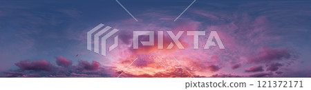 360 panorama of glowing sunset sky with bright pink Cumulus clouds. HDR 360 seamless spherical panorama. Full zenith or sky dome sky replacement for aerial drone panoramas. Climate and weather change. 121372171