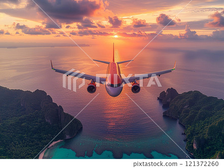Plane flying above beautiful islands and blue ocean on summer evening sunset view.AI Generative. 121372260