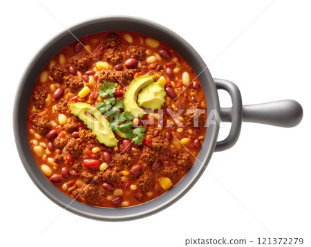 Chili con Carne, spicy Mexican stew with ground beef and beans, vibrant red color, floating in air with dramatic lighting 121372279