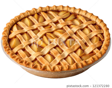 Apple Pie A rustic open-faced golden pie with flaky lattice crust, baked apples glistening with cinnamon syrup, on a transparent 121372280
