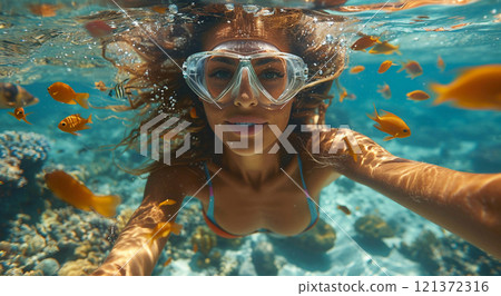 Young woman underwater wearing mask during snorkeling swimming.Macro.AI Generative. 121372316