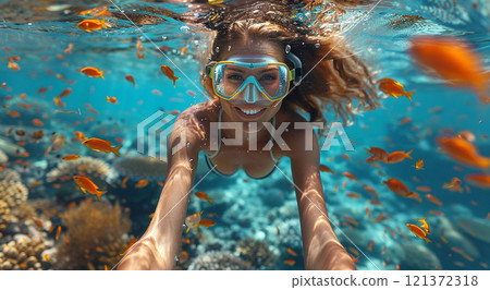 Young woman underwater wearing mask.Macro.AI Generative. 121372318