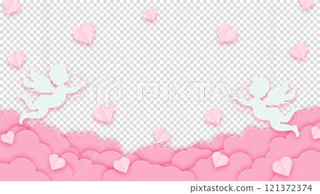 Happy Valentine's Day. Pink clouds or nubes and hearts with amour or cupid on a transparent background. Vector illustration 121372374