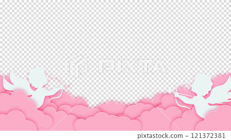 Happy Valentine's Day. Pink clouds or nubes with amour or cupid on a transparent background. Vector illustration 121372381