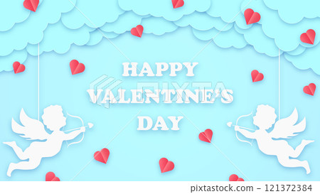 Happy valentines day greeting background in papercut style. Holiday blue banner with paper clouds, cupids and hearts. Place for text 121372384