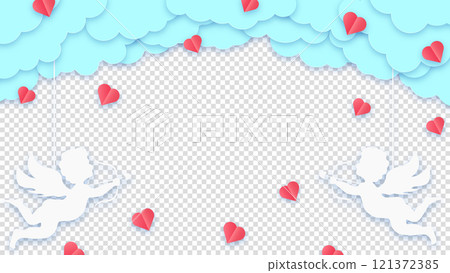 Happy Valentine's Day greeting card. Blue clouds or nubes and red hearts with amour or cupid on a transparent background. Vector illustration 121372385