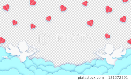 Happy Valentine's Day greeting card. Blue clouds or nubes and red hearts with amour or cupid on a transparent background. Vector illustration 121372391