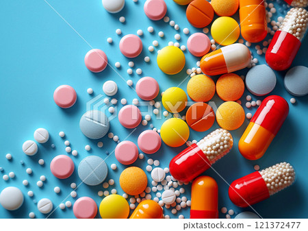 Various pills and capsules with antibiotics and painkillers on blue background.AI Generative. 121372477