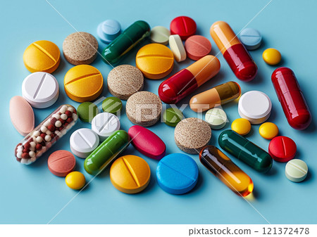 Various pills and capsules with antibiotics and painkillers on blue background.AI Generative. 121372478