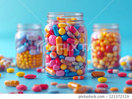 Jars with pills and capsules with antibiotics and painkillers on blue background.AI Generative. 121372519