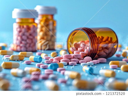 Jars with pills and capsules with antibiotics and painkillers on blue background.AI Generative. 121372520