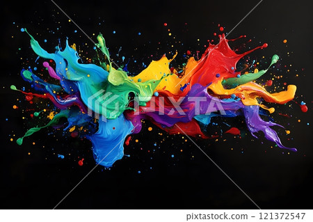 colorful splatters and paint drops on black background 121372547