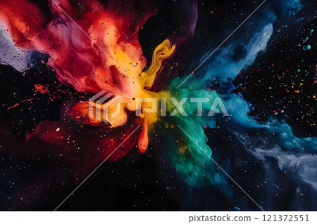 A dynamic and vibrant abstract explosion of colorful paint splashes against a black background A dynamic and vibrant abstract explosion of colorful paint splashes against a black background 121372551