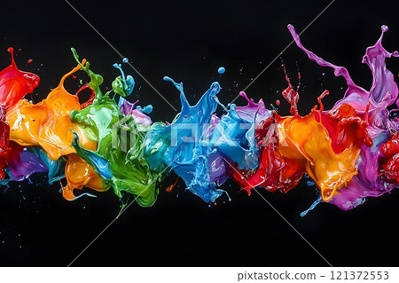 A dynamic and vibrant abstract explosion of colorful paint splashes against a black background A dynamic and vibrant abstract explosion of colorful paint splashes against a black background 121372553