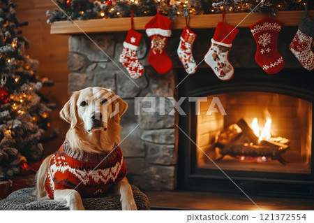 A festive home decorated for Christmas, a dog in a holiday sweater, and pet-themed stockings hanging by the fireplace 121372554