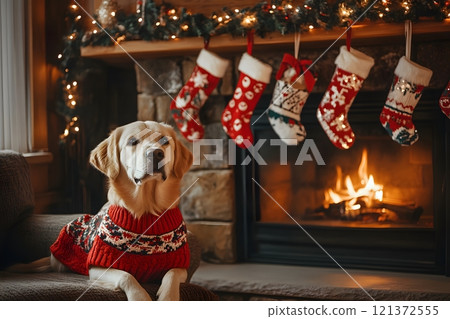 A festive home decorated for Christmas, a dog in a holiday sweater, and pet-themed stockings hanging by the fireplace A festive home decorated for Christmas, a dog in a holiday sweater, and pet-themed stockings hanging by the fireplace 121372555