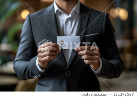 businessman holding visit card on hands, close, office background, ultrarealistic businessman holding visit card on hands, close, office background, ultrarealistic 121372597
