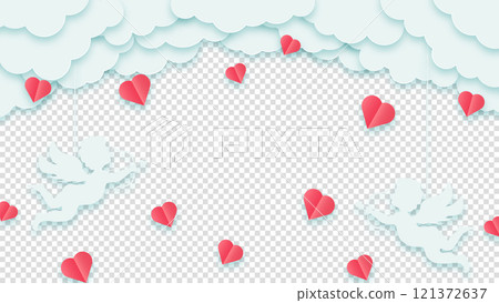 Happy Valentine's Day or Woman's Day. Concept love greeting card. Clouds or nubes and red hearts with amour or cupid on a transparent background. Vector illustration 121372637