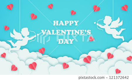 Happy Valentine's Day banner. Holiday turquoise background design with cupids, clouds and hearts. Horizontal poster, greeting card flyer 121372642