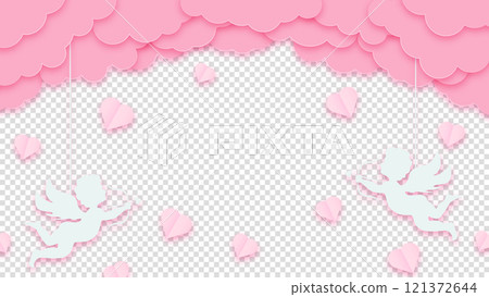 Happy Valentine's Day. Pink clouds or nubes and hearts with amour or cupid on a transparent background. Vector illustration 121372644