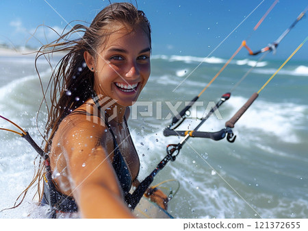 Happy young active woman enjoying kitesurfing in ocean on windy sunny summer day.AI Generative. Happy young active woman enjoying kitesurfing in ocean on windy sunny summer day.AI Generative. 121372655