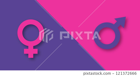 Relationship concept between men or boy and women or girl. Female and male gender signs on purple and pink background. Vector paper cut illustration Relationship concept between men or boy and women or girl. Female and male gender signs on purple and pink background. Vector paper cut illustration 121372666